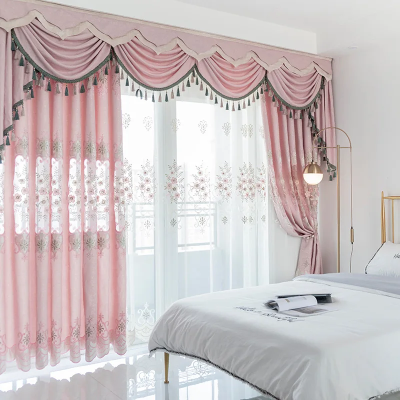 

Custom curtains European window pink Chenille Cutout embroidered bedroom cotton cloth blackout curtain tulle valance drape M820