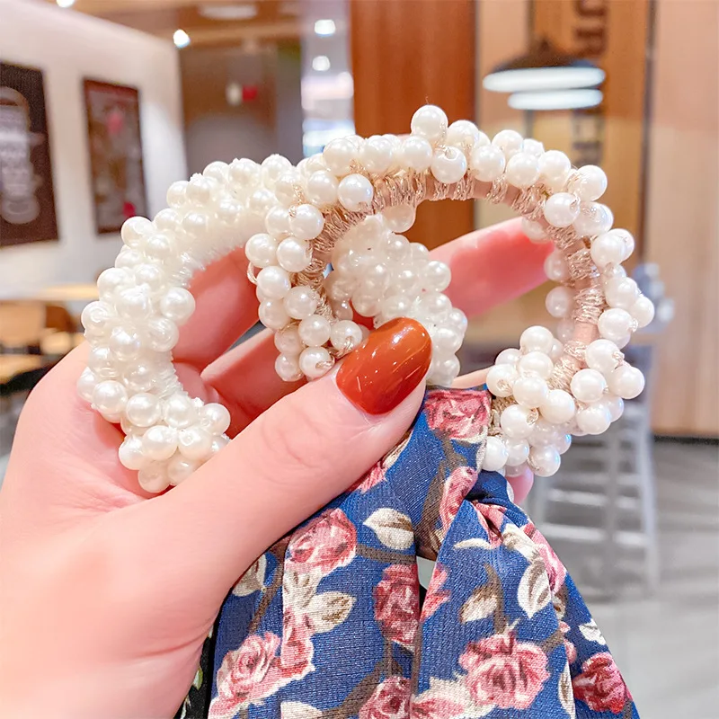 

Women Pearl Hair Ties Fashion Ribbon Hairband Scrunchies Girls Ponytail Holders Bow Rubber Band Hair Accessories Headwear