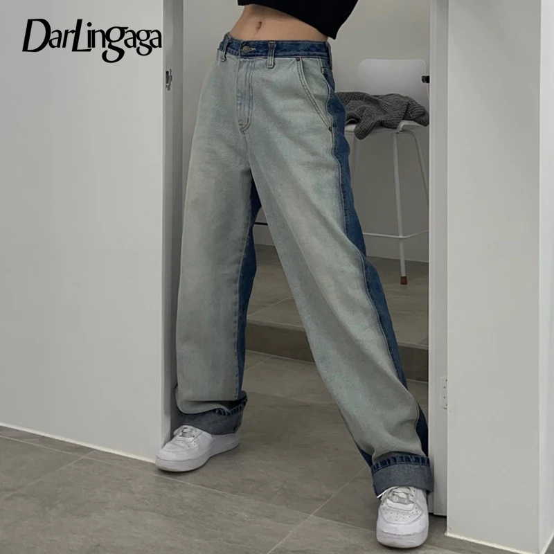 

Darlingaga Harajuku Vintage Baggy Denim Pants Patchwork Women's Jeans Streetwear Casual High Waist Trousers Contrast Color Fall