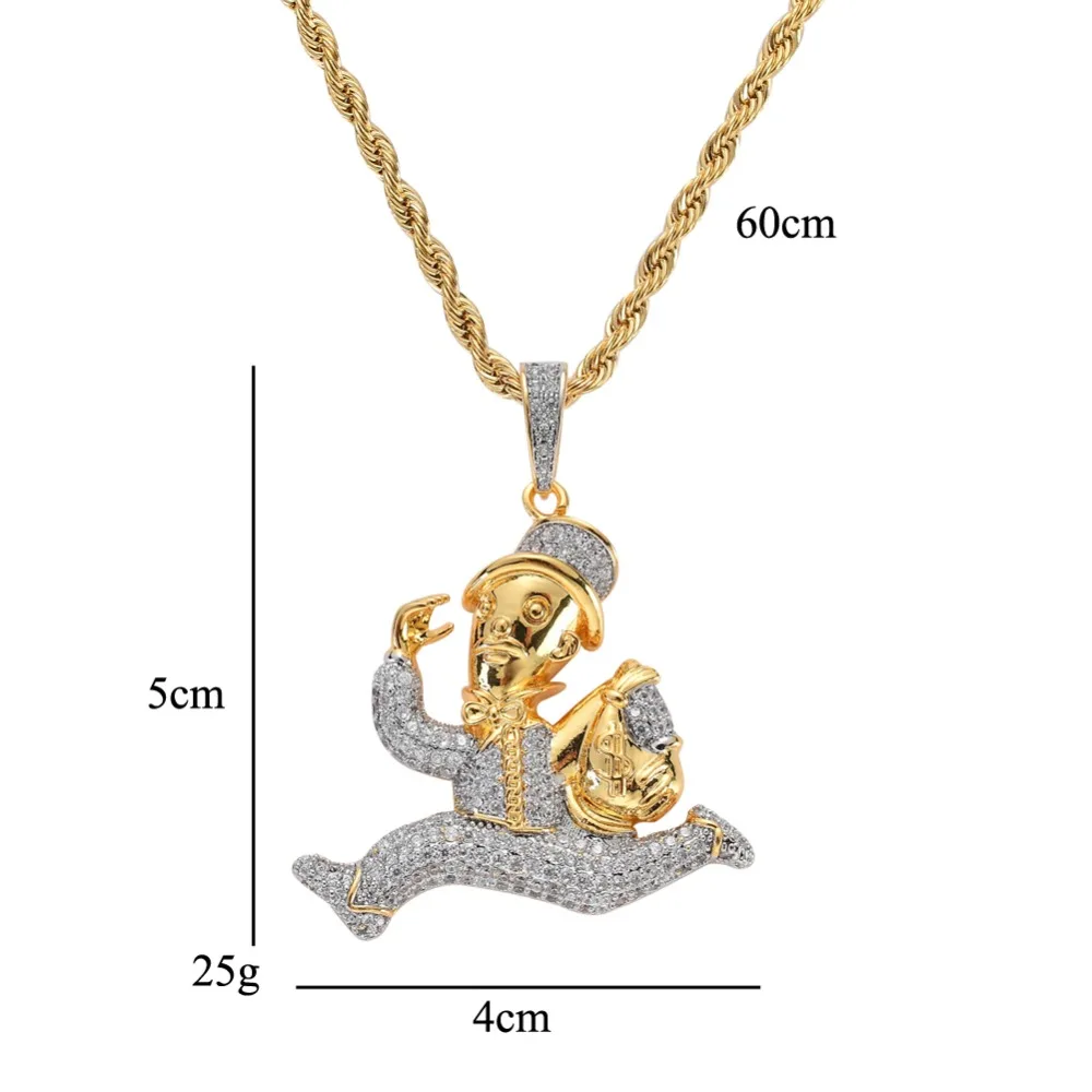 

New Fashion Charm Hip Hop Necklace Jewelry Cartoon Run Men Purse Dollar Pendant Copper Micro Pave with CZ Stones for Men Women