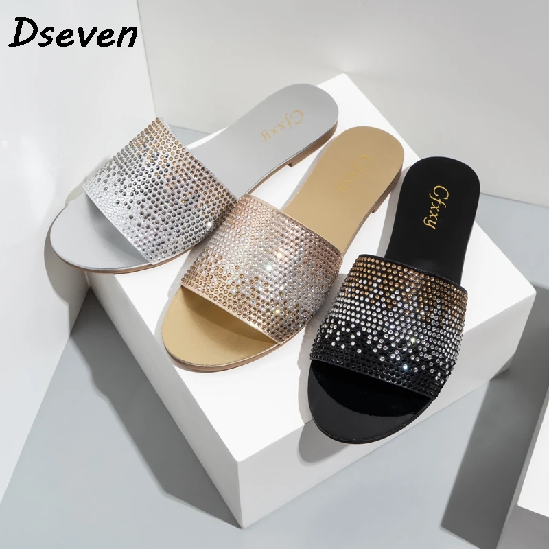 

Slide For Women 2021 Outdoor Footwear Summer Crystal Flat Fashion Shoes Female Glitter Woman Slippers Beach Sandals Size37-42