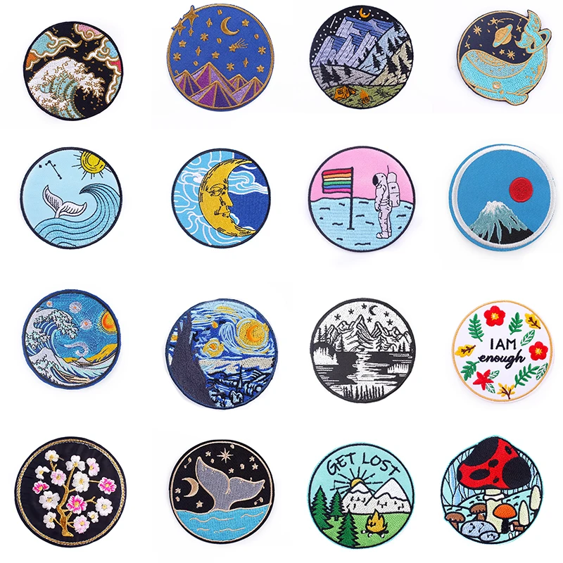 

Pulaqi Decorate New Parches Embroidery Patches for Clothes Iron On UFO Patches For Clothing DIY Stripes Mountain Wave Stickers