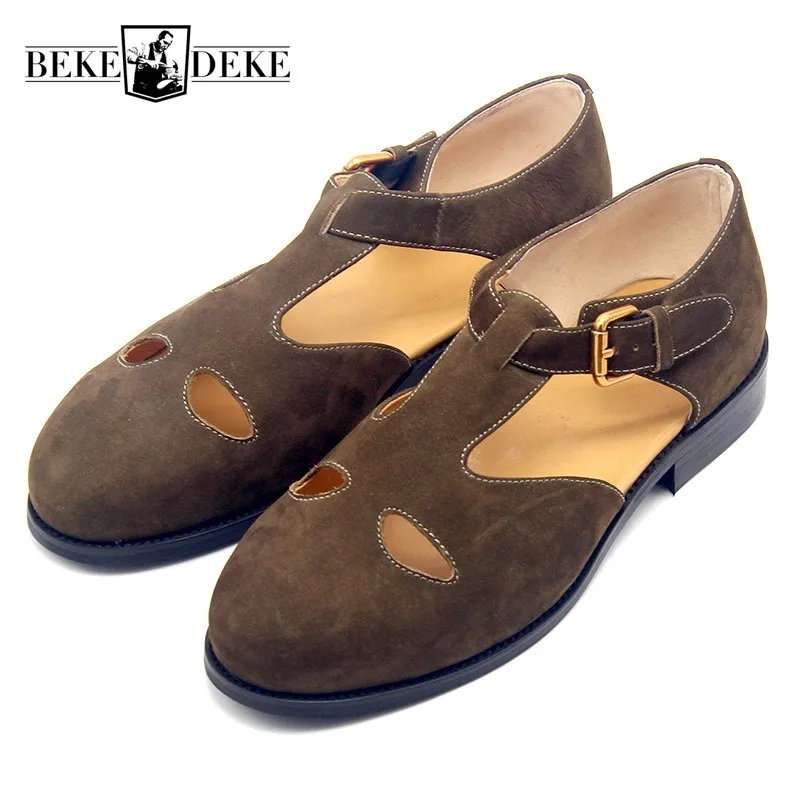 

Retro Unisex Brown Scrub Cowhide Buckle Slip On Sandals Fashion High Street British Hollow Out Breathable Casual Shoes Plus Size