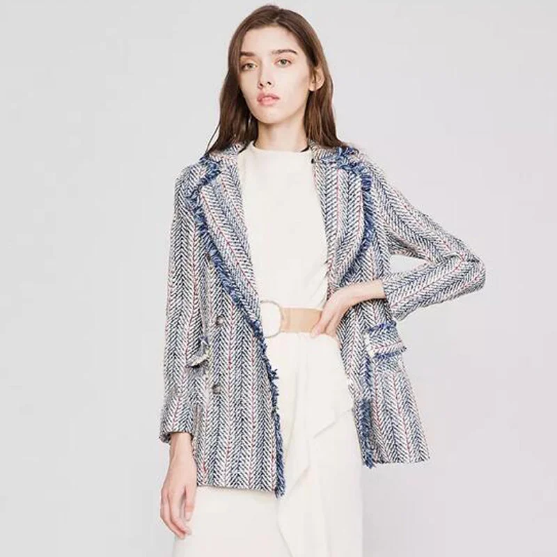 

Женская твидовая куртка в полоску, синяя длинная куртка с воротником, пальто для осени и зимы, 2020