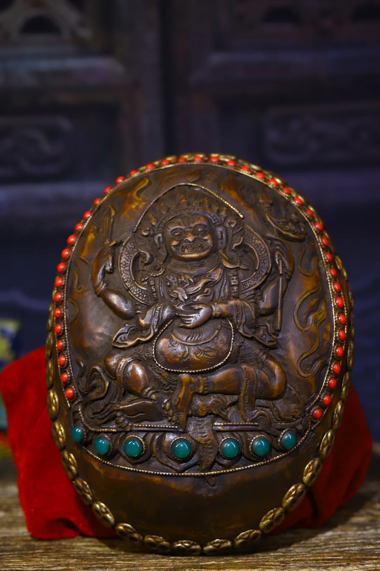 

7" Tibet Buddhism Old Bronze Skeleton head Filigree mosaic gem Dzi Bead Four arms Mahakala Gabala Bowl Town House Exorcism