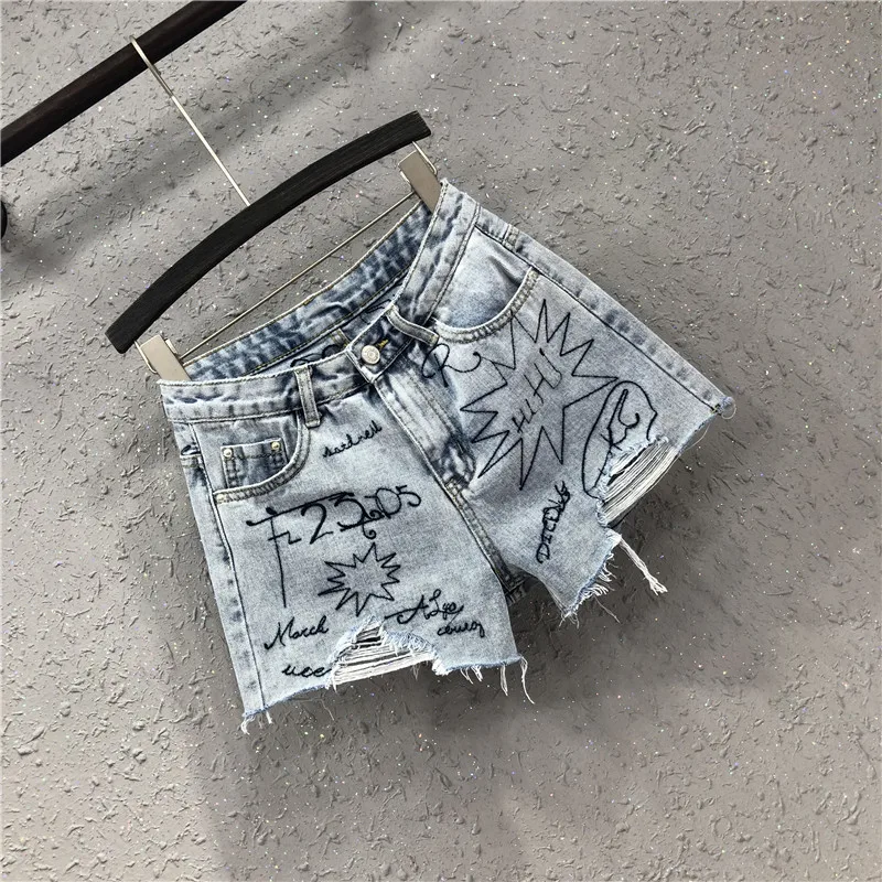 

Jeans ShortsWoman High Waist Wide-leg Print Hot Shorts Pockets Casual Female Denim Shorts New Fashion
