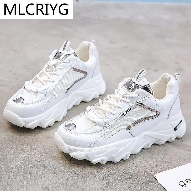 

Women's Chunky Sneakers 2021 Spring Fashion Platform Shoes New Lace-Up Mesh Breathable Women Vulcanize Shoes White Dad Shoes