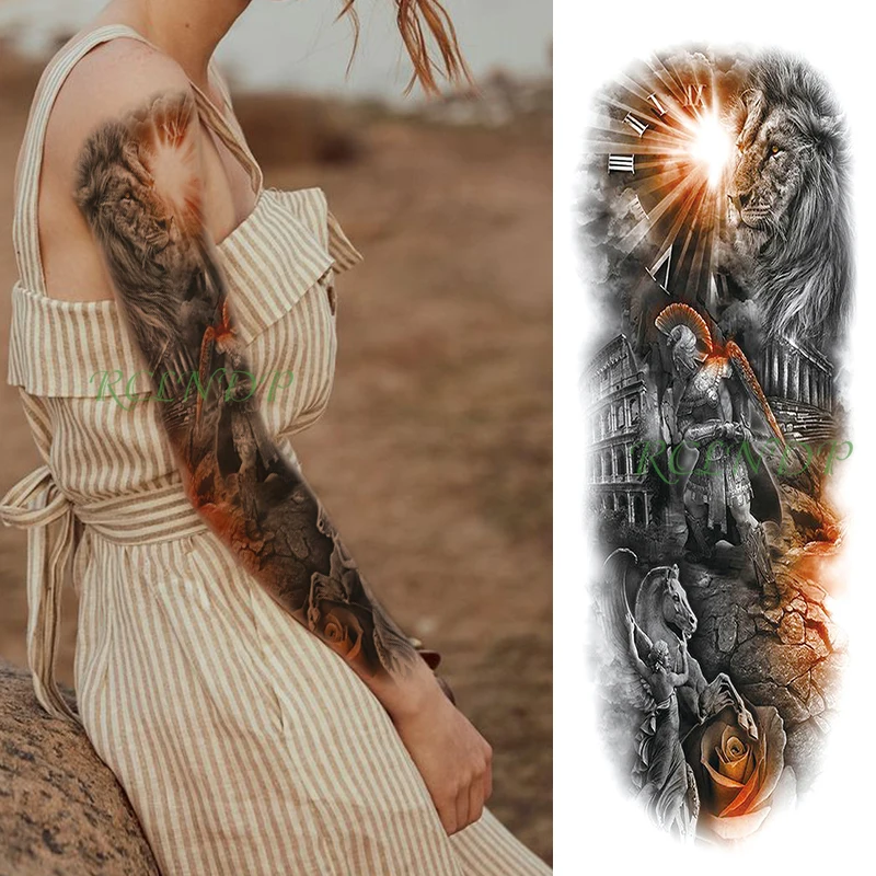 Водонепроницаемая Временная тату-наклейка солнце римская цифра воин Пегас Лев