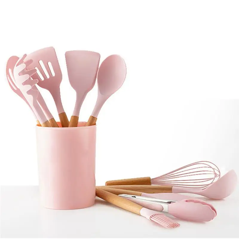 

Silicone Cooking Utensils Set Non-Stick Flexible Wood Handle Spoon Spatula Heat Resistant Oil Brush & Clip Kitchen Cookware Sets