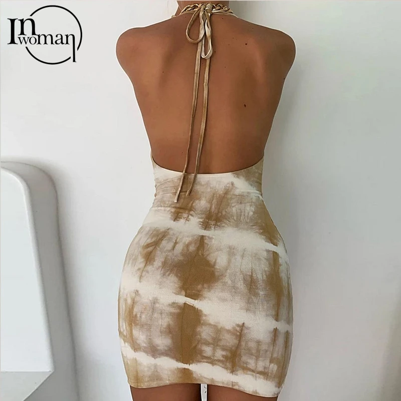 

INWOMAN Summer Backless Bodycon Halter Print Dress Women Sexy Clubwear Spaghetti Strap Dress Female Party Pencil Dress ladies