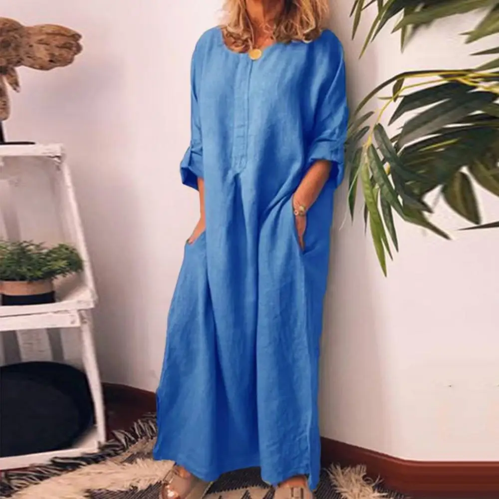 

Hot Sales Casual Women Solid Color Oversize Maxi Cotton Linen Long Shirt KaftanDress