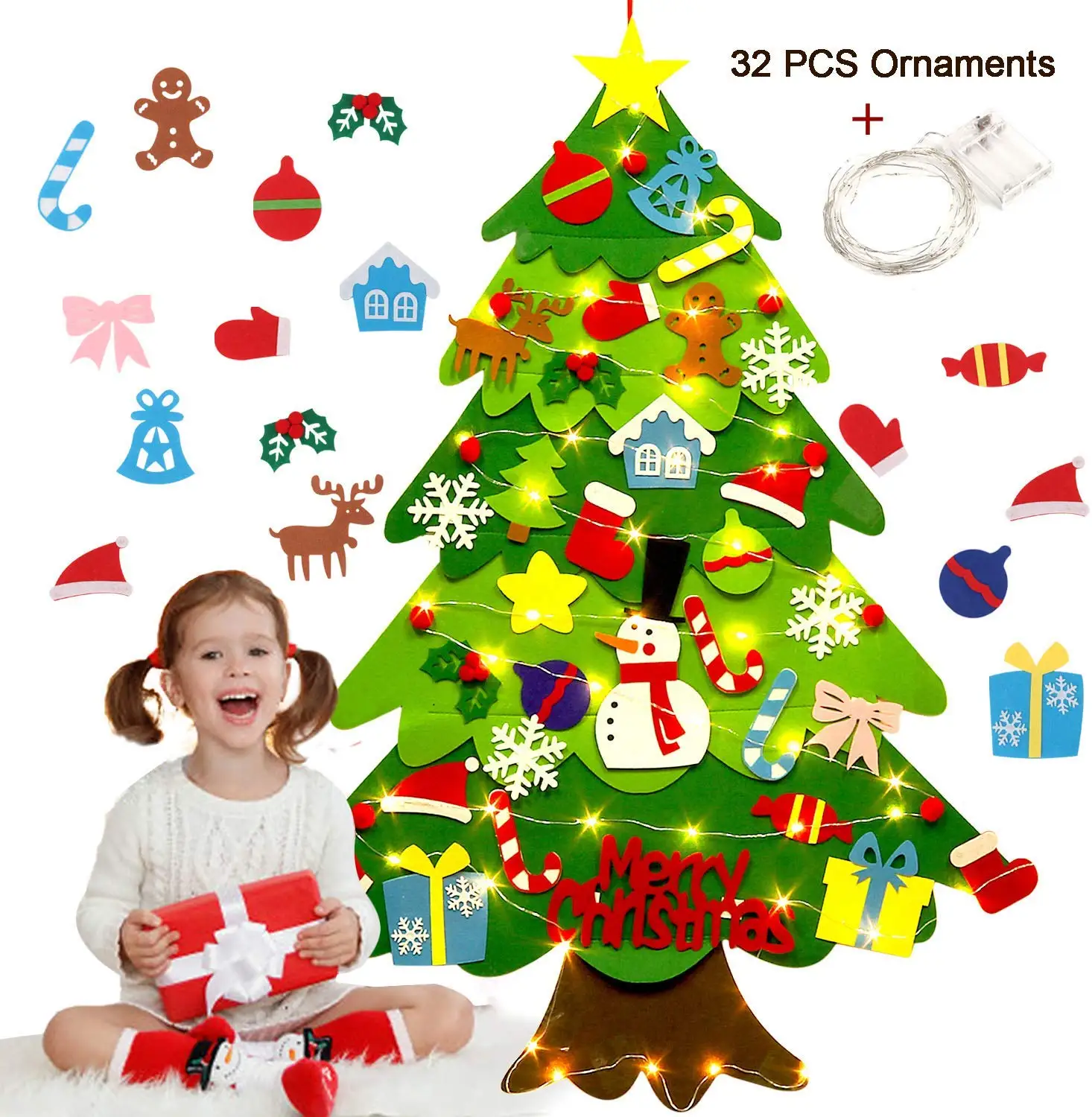 

32pcs Ornaments and 2m LED String Lights Felt Christmas Tree DIY Wall Hanging Decorations with Christmas Decoration for Children