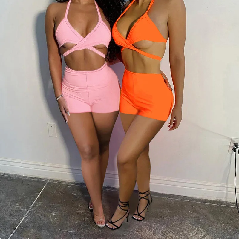 

SVOKOR 2-Pc Sexy Shorts Sets Women Suit Backless Hollowed Out Bra Casual Sports Set High Street Girls' Clothing Summer New