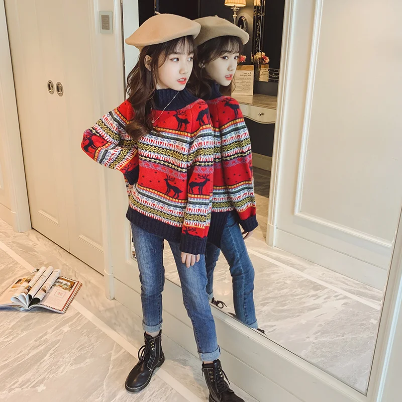 

Girls Red Deer Pattern Sweaters 3-15 Years Old Children's Clothing Long Sleeve Girls Sweater Winter Kids Christmas Clothes