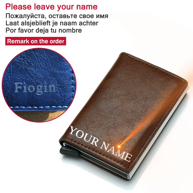 leave your name RFID Блокировка Мужской кредитный держатель для карт Противоугонный держатель для карт для мужчин Кошельки из искусственной кожи Автоматический чехол для карт Алюминиевый металлический кошелек - Цвет: leave your name
