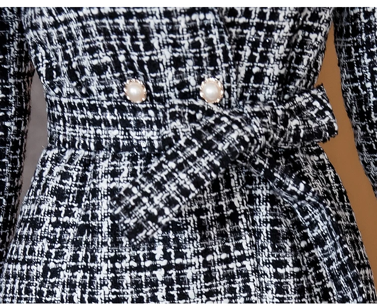 Autumn Winter Pink Plaid Tweed Wool Long Coat Women Notched Double Dreasted Sashes Ruffles Woolen Overcoat Mermaid Outerwear