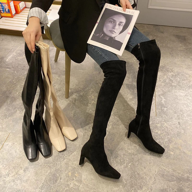 

Женские сапоги выше колена, зимние сапоги на расширяющемся книзу каблуке, с квадратным носком, пикантные модные женские сапоги, размеры 34-42, ...