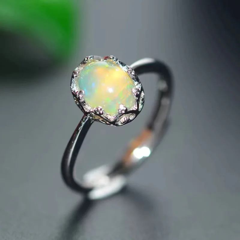 

Natural Opal Ring for Women Anniversary Gift 6*8MM Colorful Gemstones Fine Jewelry Luxury Crown Design Real 925 Sterling Silver