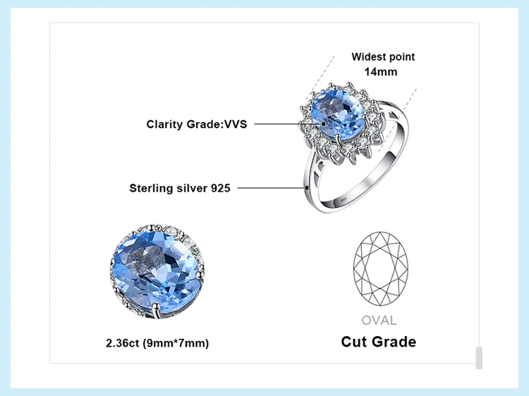 Jewelrypalace Принцесса Диана Уильям Kate 2.3ct Природный Голубой топаз Обручение Halo Кольцо 925 Серебряное кольцо для Для женщин