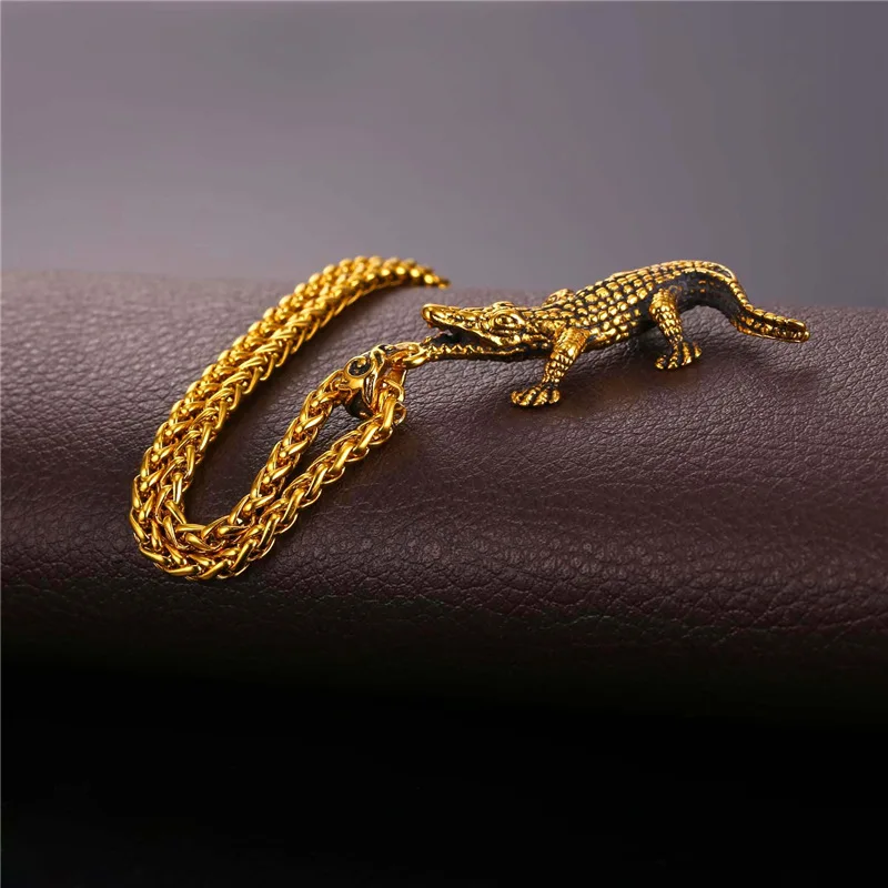 Collare Crocodile Retro Pendant Gold Color Stainless Steel Animal Necklace Women Wholesale Hippie Alligator Men Jewelry P138 | Украшения и