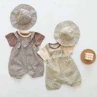 2022 summer new newborn baby boy clothes set baby toddler short sleeve t shirt plaid overalls hat 3pcs baby girl suit