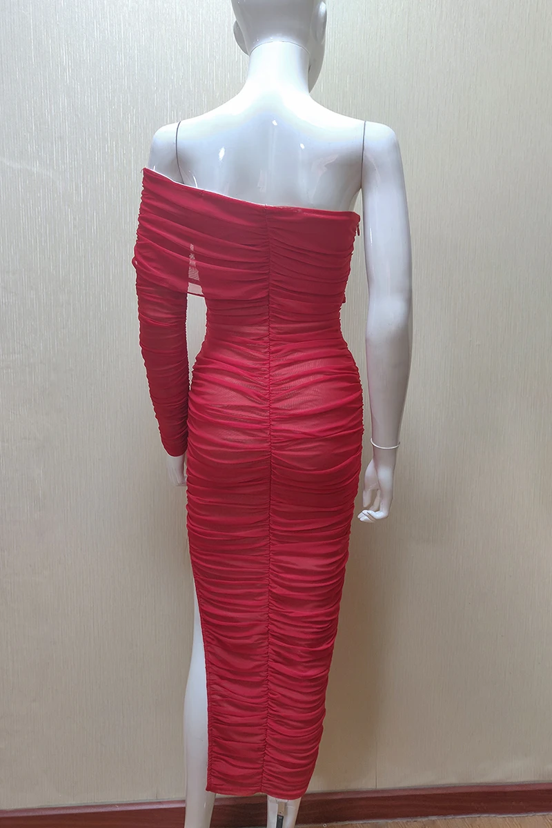 

2019 New Women Red one shoulder long sleeve Celebrity evening party bodycon bandage dresses wholesale