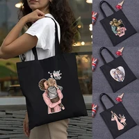 cartoon pictures shopping bag shopper eco canvas cotton shopper fashion black printing foldable handbag canvas tote bag