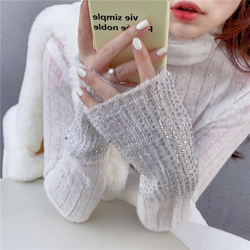 

GRUIICEEN turtleneck long sleeve women sweaters with beading fashion slim knitted sweater pullovers