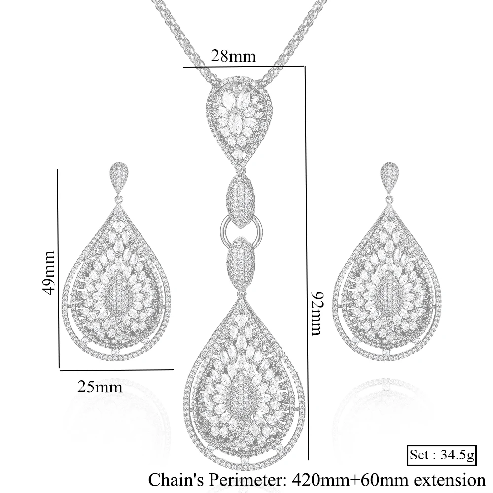

Luxury Three-color Water Drop Necklace Earrings Jewelry Set Female Girl Bride Wedding Engagement Party Performance Accessories