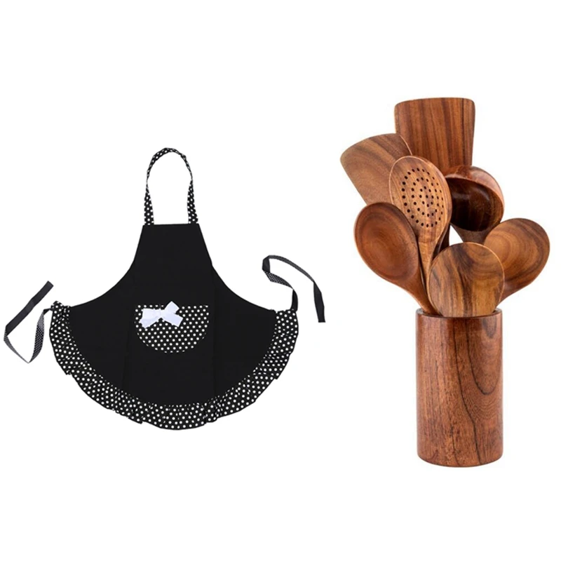 

Lovely Cotton Polka Dot Pattern Working Chefs Cooking Cook Women's Bib Apron With 8Pcs Spoon Spatula Kitchen Tool Set