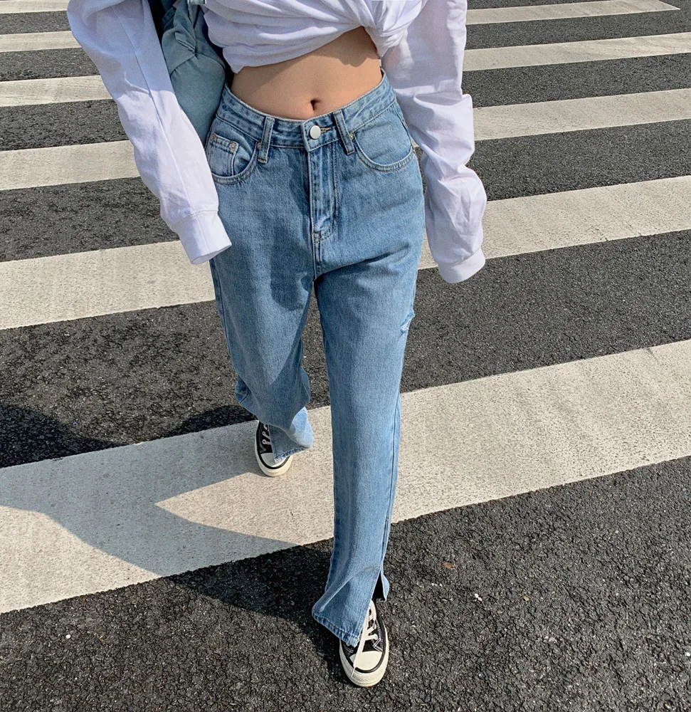 

Джинсы женские рваные с завышенной талией, длинные брюки из денима с широкими штанинами, синие прямые ковбойские штаны, одежда в уличном стиле, весна 2022