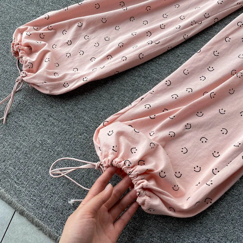 

Women 2021 Spring Smiley Print Suit Sexy Backless Strap Top+Long Sleeve Cardigan+High Waist Long Pants Three Piece Set