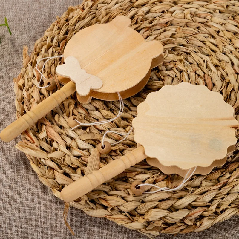 

3Pcs Wooden Crafts Kindergarten DIY Painted Handmade Wood Wave Drum Cartoon Baby Hand DrumToy