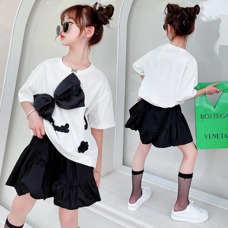 

Girls' suit 2021 summer new cover up tide fan bow T-shirt short skirt two-piece children