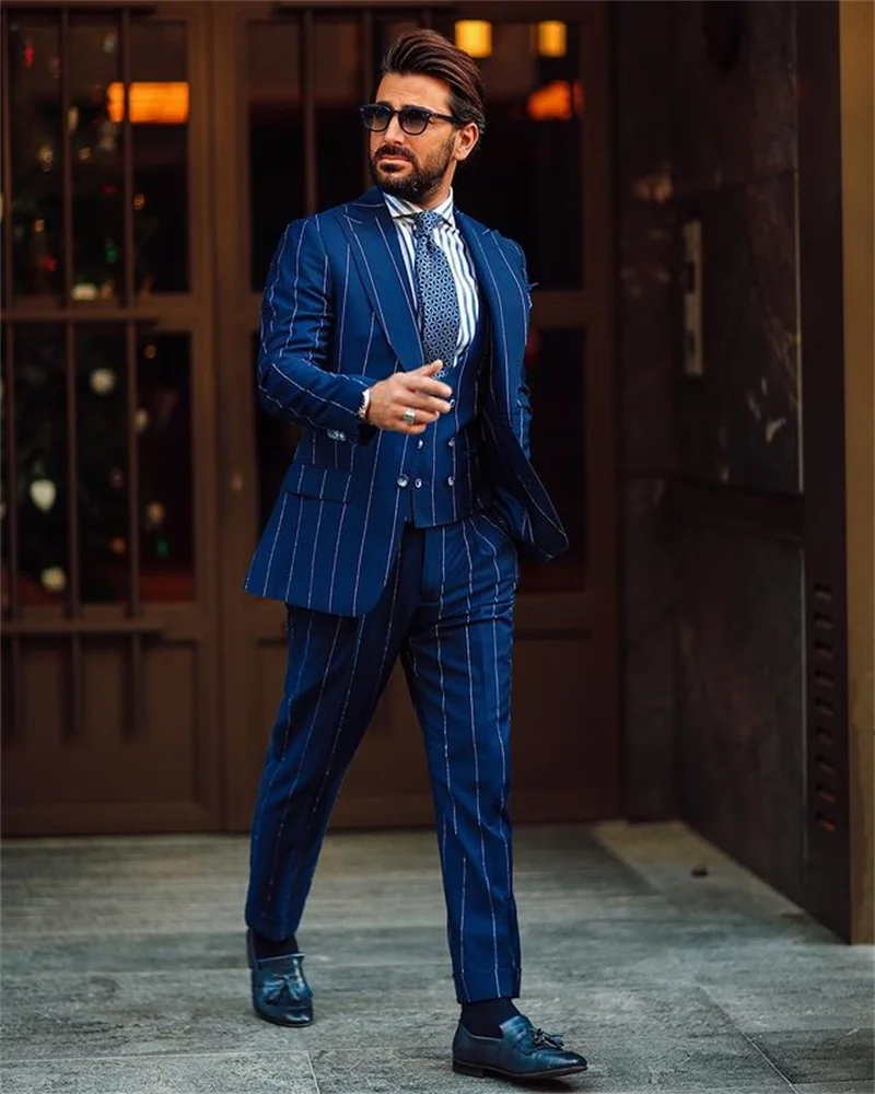 

3 Piece Blue Men Suits Pinstripe Custom Made Suits For Best Man Single Breasted Handsome Formal Business Jacket+Pant+Vest