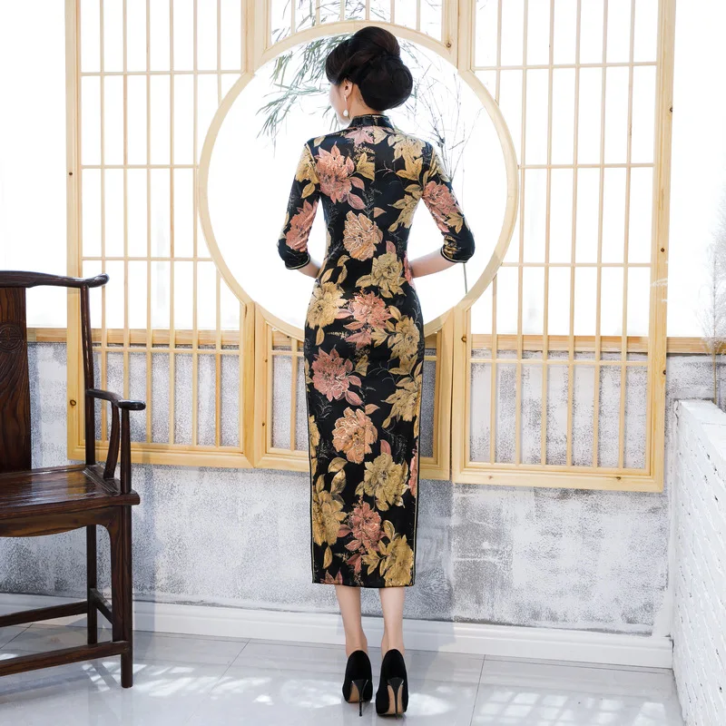 Осень-зима Cheongsam золото бархат Мода Бронзовый принт рукав три четверти платье для