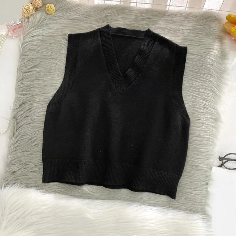 

Spring Autumn Women Loose Knitted Sweater Women Vest Teenager Girls Student V-Neck Knitted Pullover Tops Female Outerwear JW9968