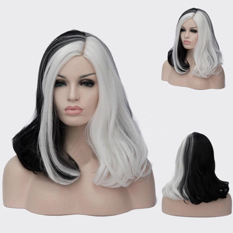Парик для косплея CRUELLA de Vil термостойкие волосы из волос белого и черного цвета с