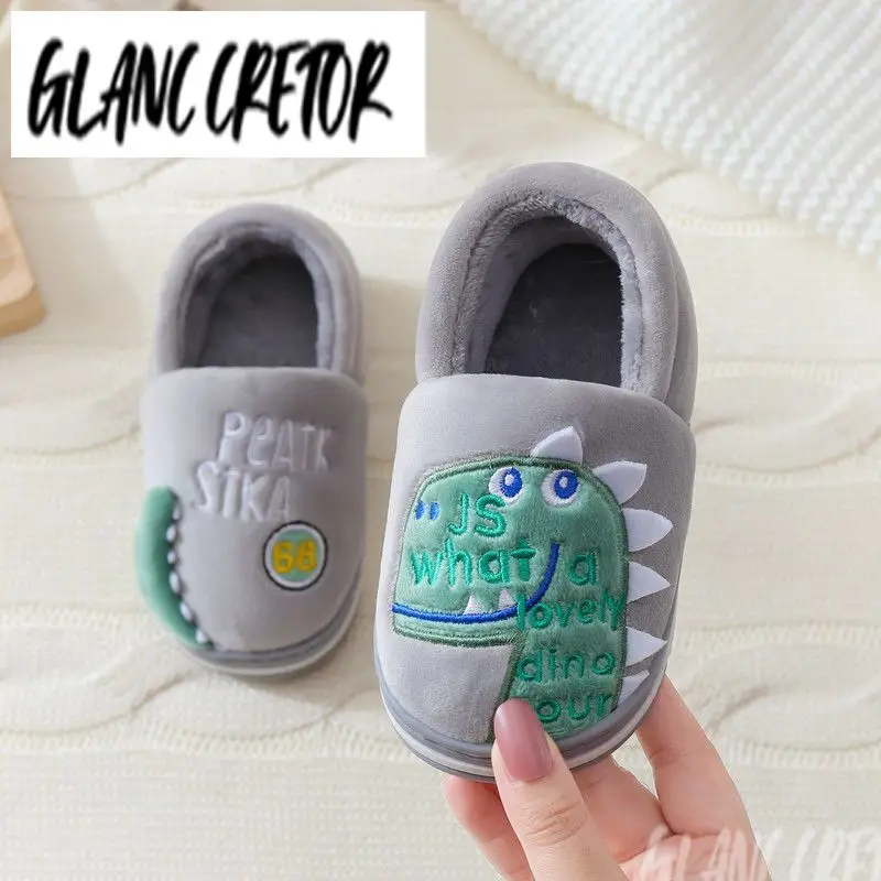 

Non-slip Children Home Slippers Baby Warm Cotton Indoor Shoes 2021 Winter Dinosaur Kids Slippers For Boys Girls Flip Flops Soft