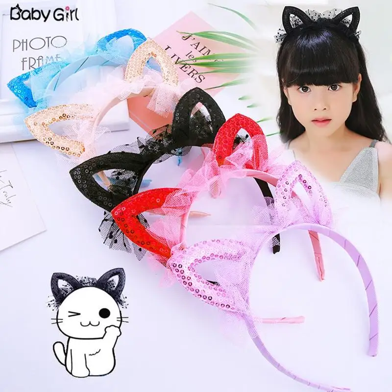 Новинка детский сетчатый ободок с кошачьими ушками блестки для волос аксессуары