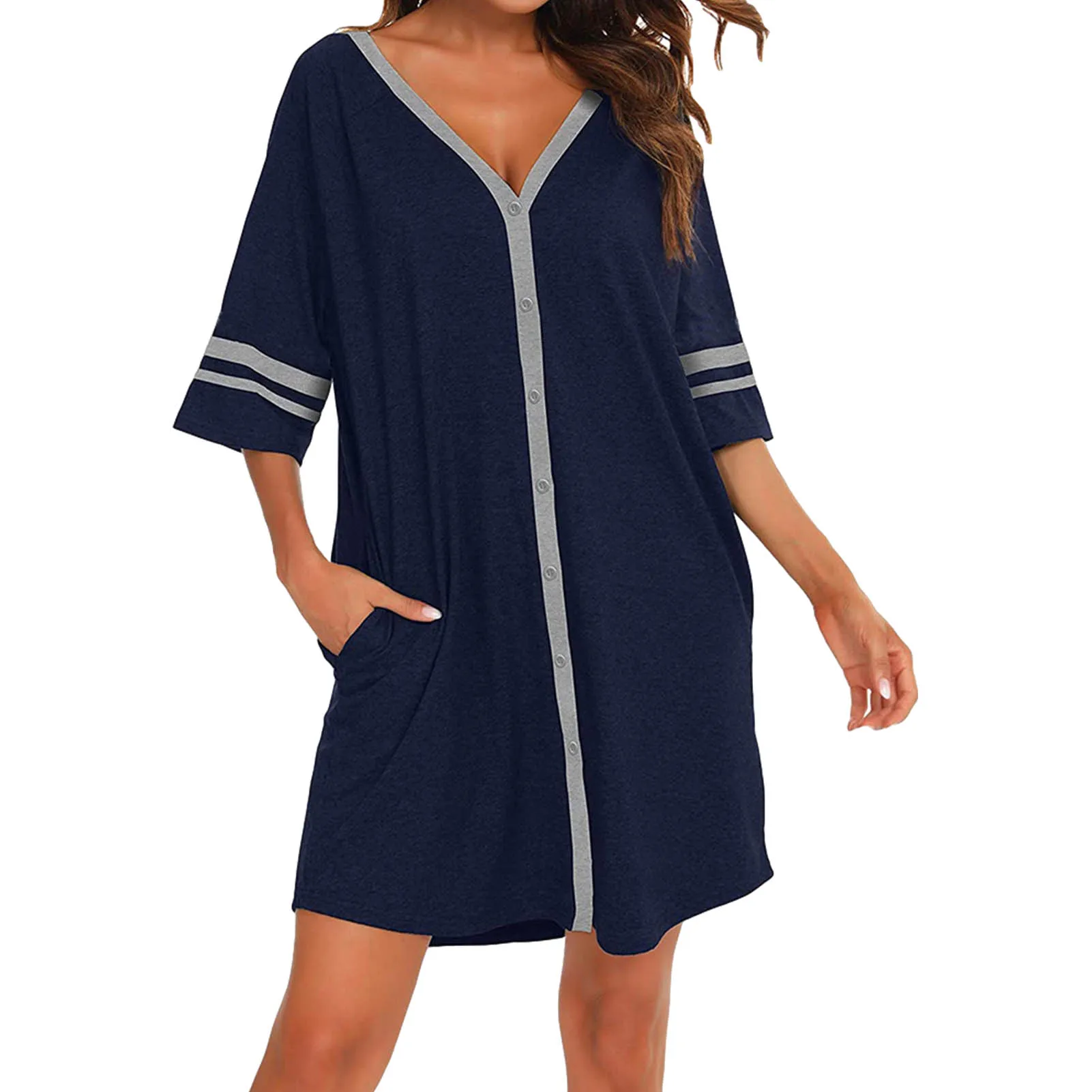 

Women Nightshirt V-Neck Button Cardigan Casual Pajamas Summer New style Cool Ladies Sleepskirt
