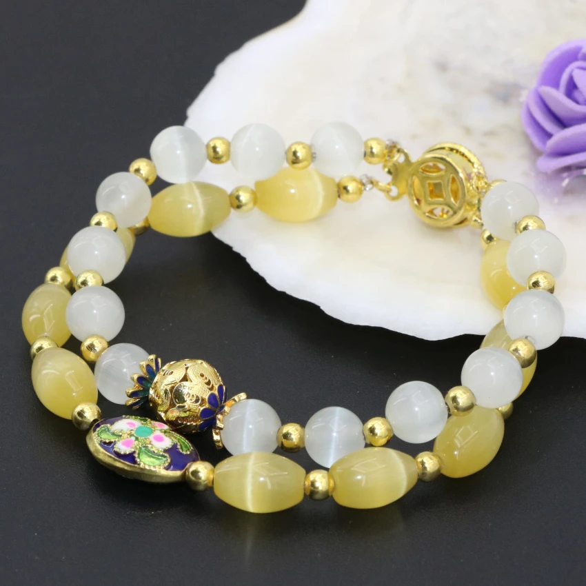 

8mm cat eyes white round 8*12mm barrel rice beads 2 rows bracelets for women gifts new fashion original jewelry 7.5inch B2779