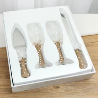 4pcs wedding cake serve set champagne toasting glasses ribbon white flower wine cup tableware cake bridal shower gift in box
