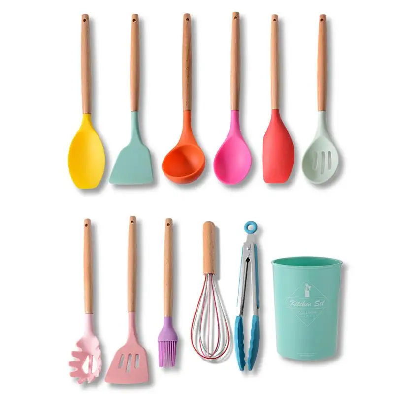 

12Pcs Colorful Silicone Kitchenware Cooking Utensils Set Wooden Handle Non-Stick Spatula Ladle Shovel Egg Beaters Kitchen Tools