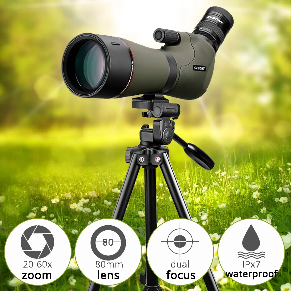 SVBONY 20-60x80 Зрительные трубы Zoom Водонепроницаемый телескоп с заполненным азотом Двойной фокус Механический металлический корпус для наблюдения за птицами, охоты, стрельбы, стрельбы из лука SV46