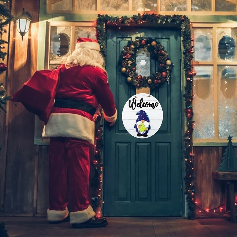 

Santa Claus Welcome Door Sign White Wooden Door Hanger Plaid Ornaments