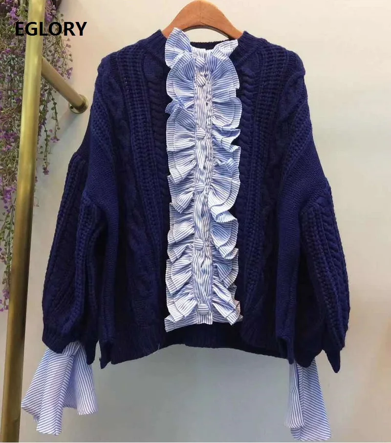 

Новые корейские модные свитера 2020 осень зима пуловеры женские полосатые принты оборки цветочный деко с длинным рукавом Повседневные синие ...