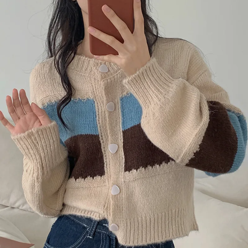 

Vintage Sweater Cardigan Women Knitted Sweaters Loose Casual Striped Long Sleeve Female O Neck Single Breasted Coats Fall 2021