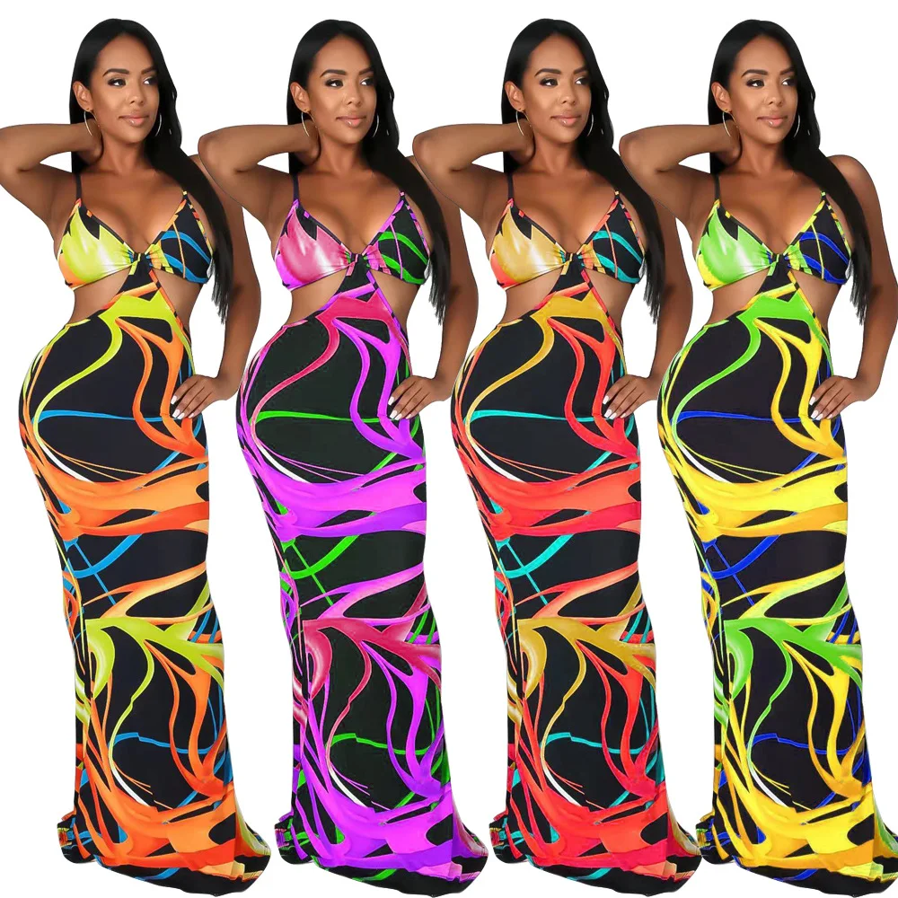 

Summer Sexy Casual Women Long Dress High Waist V-Neck Open Back Sleeveless Holiday Beach Dress Sling Print Robes