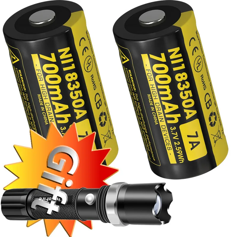 2021 NITECORE IMR18350 Перезаряжаемые Li Ion Батарея x2 штук + подарок фонарик 700 мА/ч RCR123A 16340